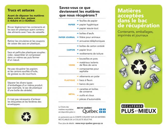 Dépliant d'information sur la Charte des matières recyclables Le dépliant d'information sur la Charte des matières recyclables présente des trucs et astuces sur le recyclage domestique